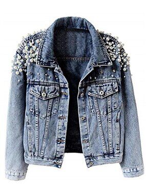 Women's Jean Jacket Embroidered Rivet Pearl Short Denim Jacket Coat